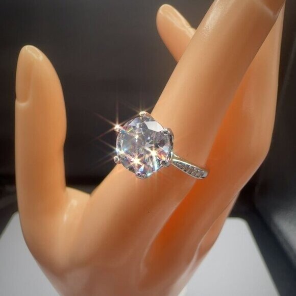 Round Cut Simulated Diamond Engagement Ring With Pave Band In Silver Tone 4CT - Picture 4 of 9